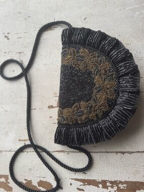 Vintage Black & Gold Beaded Evening Clutch / Crossbody